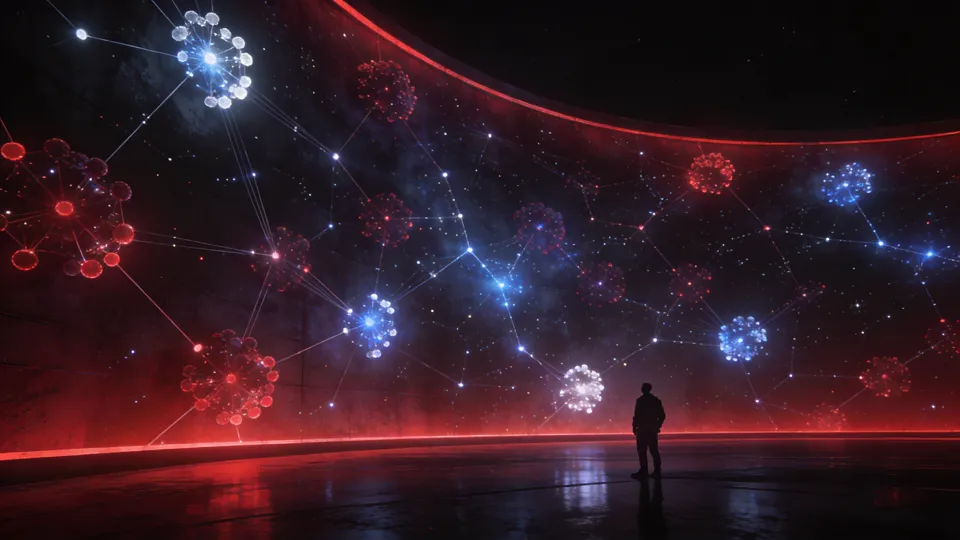 One silhouetted engineer before a vast wall of glowing agent-team constellations