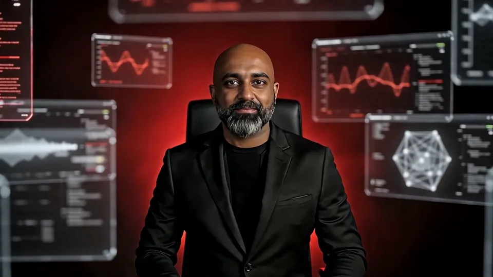 Out-of-focus holographic panels glowing red and cool white over a dark desk