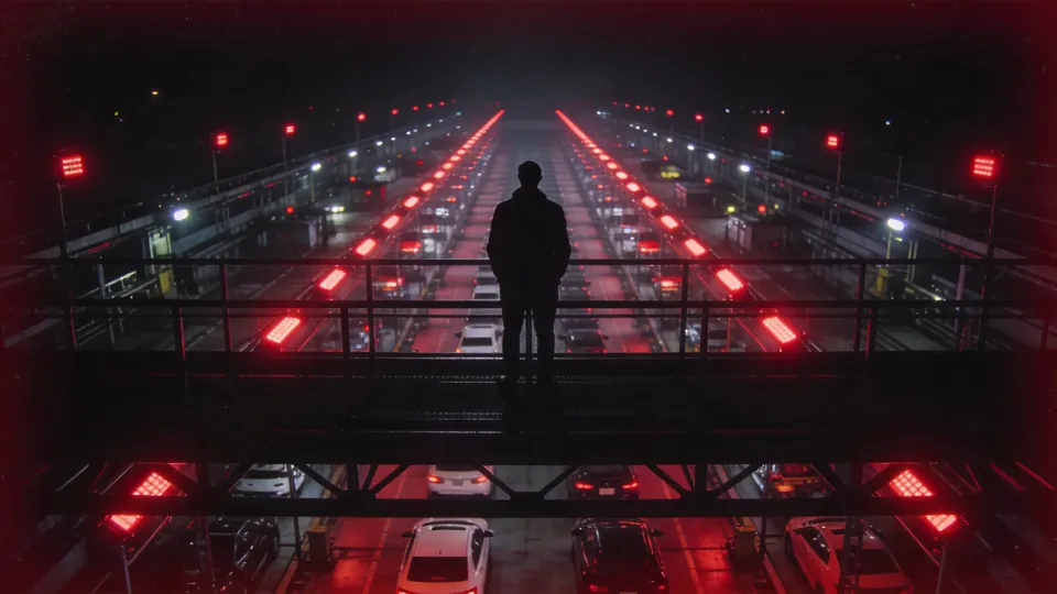 One figure on a high gantry overlooking a night assembly line of red status beacons