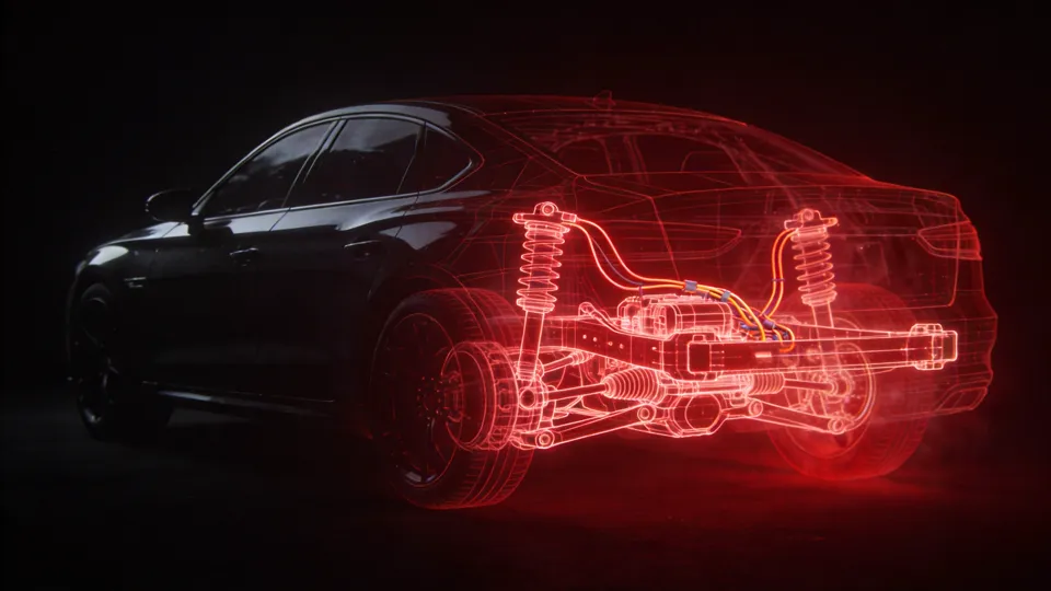 A vehicle in side profile, half finished bodywork and half glowing red engineering wireframe