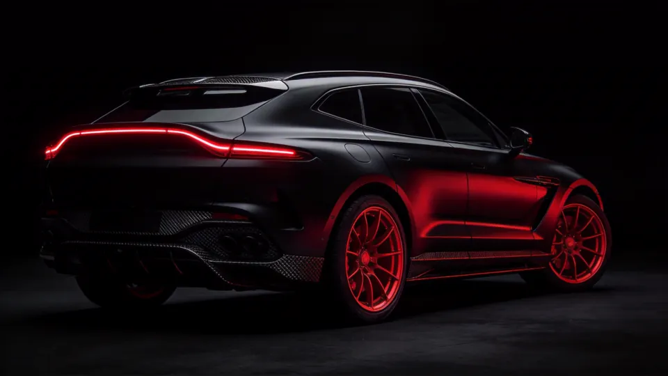 Unbranded luxury performance SUV, rear three-quarter, carbon details in red edge light