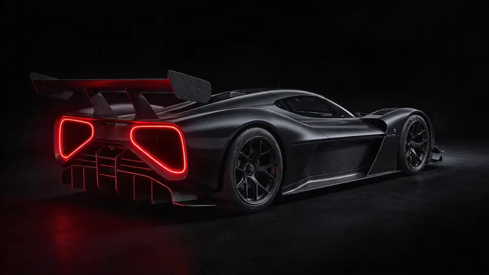 Electric hypercar from the rear three-quarter, towering aero wing and illuminated red tail loops above an exposed diffuser